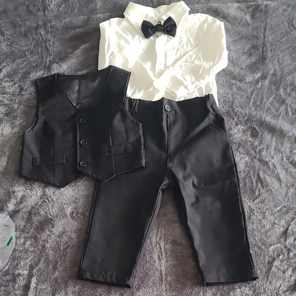 Classic Black & White Kids Formal Set - Vest, Pants & Shirt. Size 12-18 Months